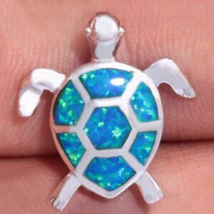 New - Blue Fire Opal Turtle Silver Pendant - Includes a Chain